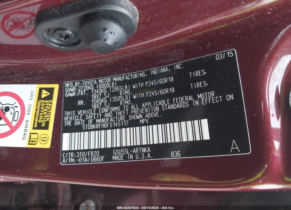 2015 TOYOTA HIGHLANDER VIN: 5TDBKRFH6FS145117