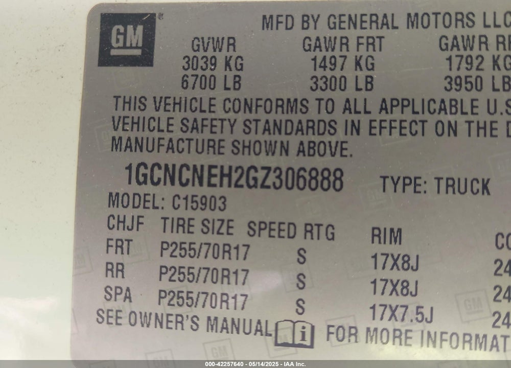 2016 CHEVROLET SILVERADO 1500 VIN: 1GCNCNEH2GZ306888
