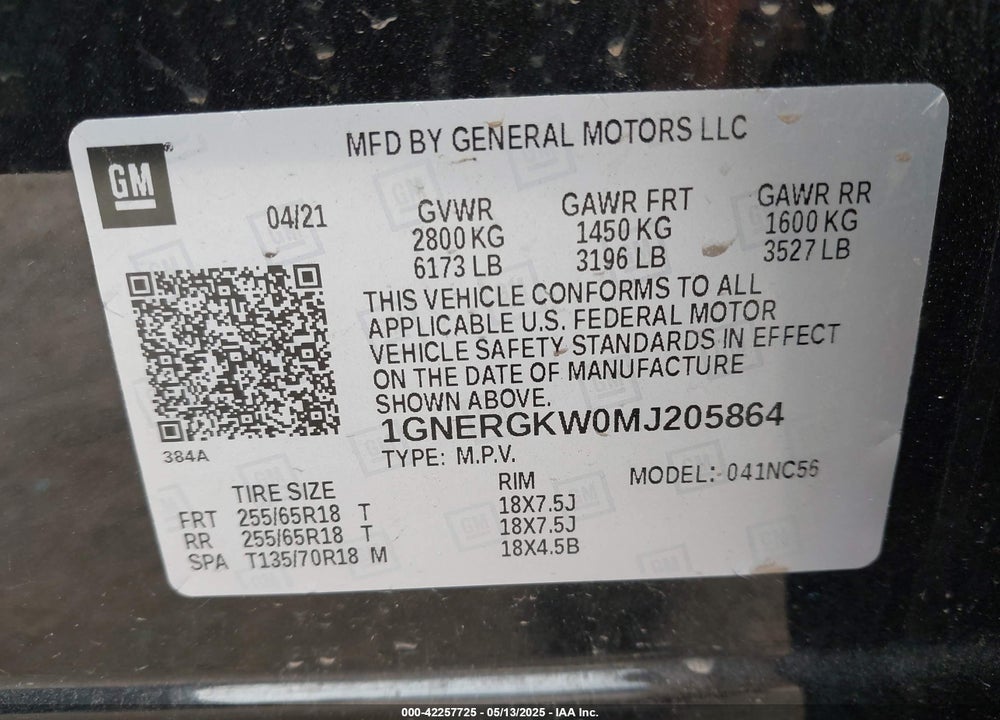 2021 CHEVROLET TRAVERSE VIN: 1GNERGKW0MJ205864