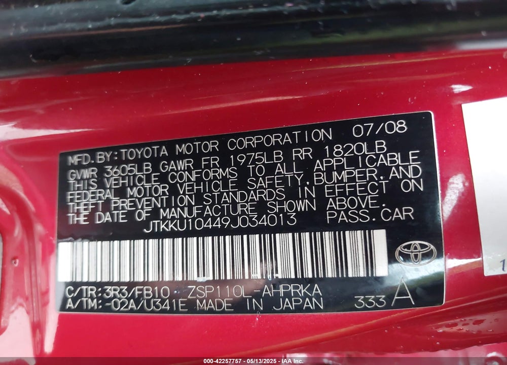 2009 SCION XD VIN: JTKKU10449J034013
