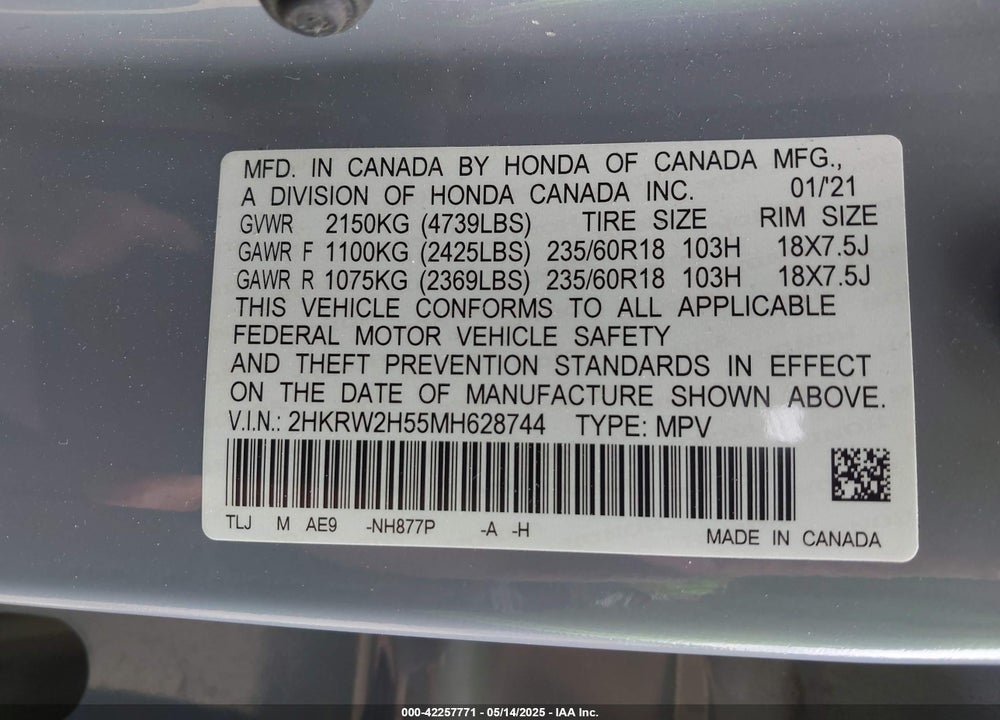 2021 HONDA CR-V AWD EX VIN: 2HKRW2H55MH628744