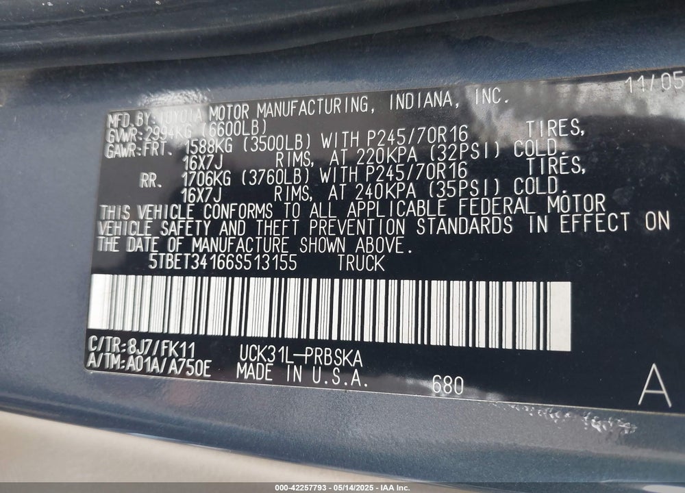 2006 TOYOTA TUNDRA VIN: 5TBET34166S513155
