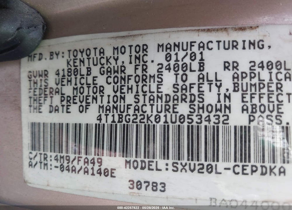 2001 TOYOTA CAMRY VIN: 4T1BG22K01U053432