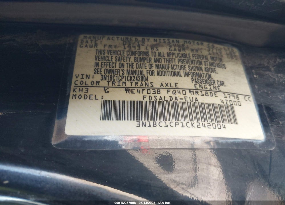 2012 NISSAN VERSA 1.8 S VIN: 3N1BC1CP1CK242004