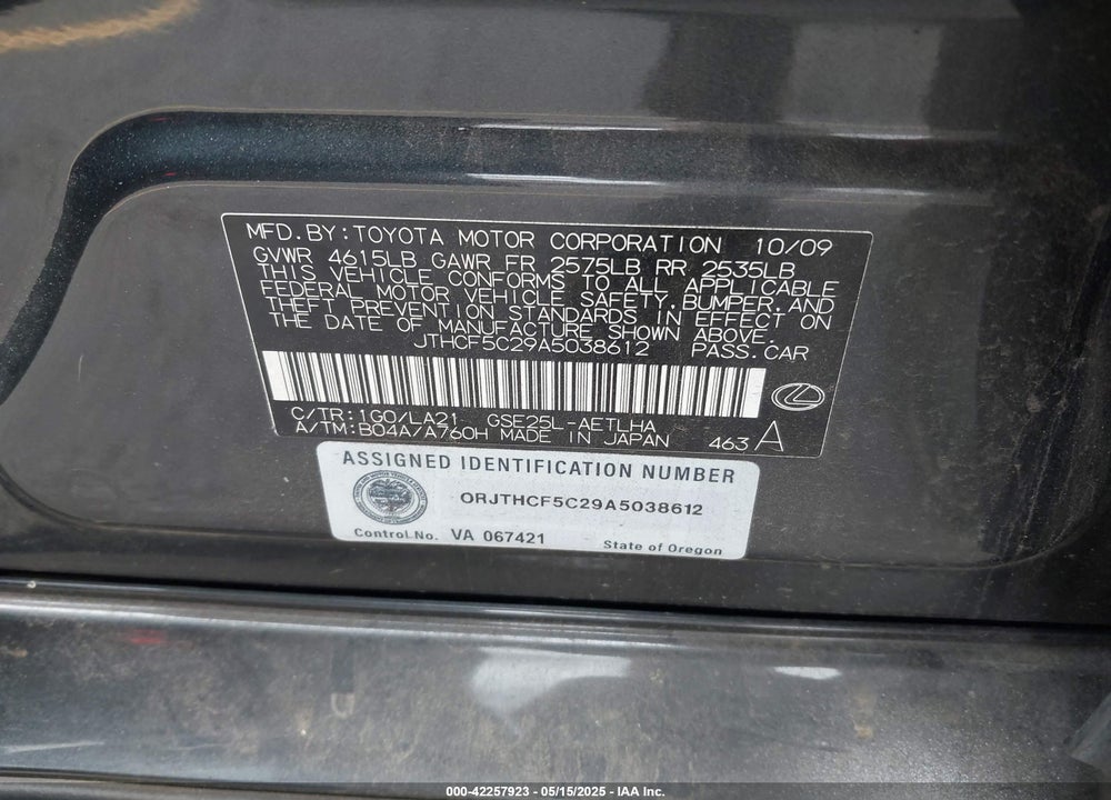 2010 LEXUS IS 250 VIN: JTHCF5C29A5038612