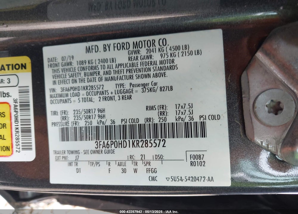 2019 FORD FUSION VIN: 3FA6P0HD1KR285572