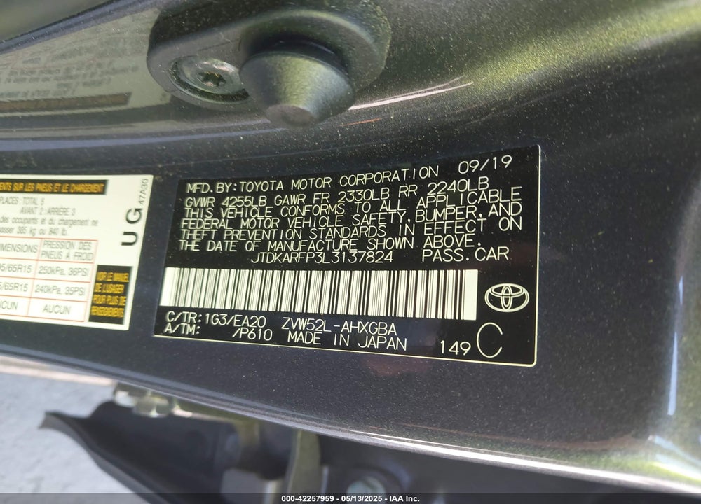 2020 TOYOTA PRIUS PRIME VIN: JTDKARFP3L3137824