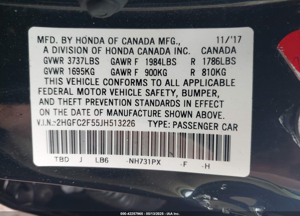 2018 HONDA CIVIC VIN: 2HGFC2F55JH513226