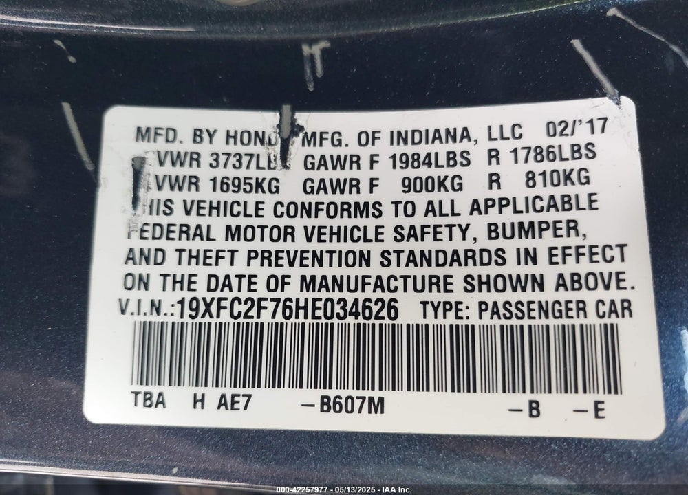 2017 HONDA CIVIC EX VIN: 19XFC2F76HE034626
