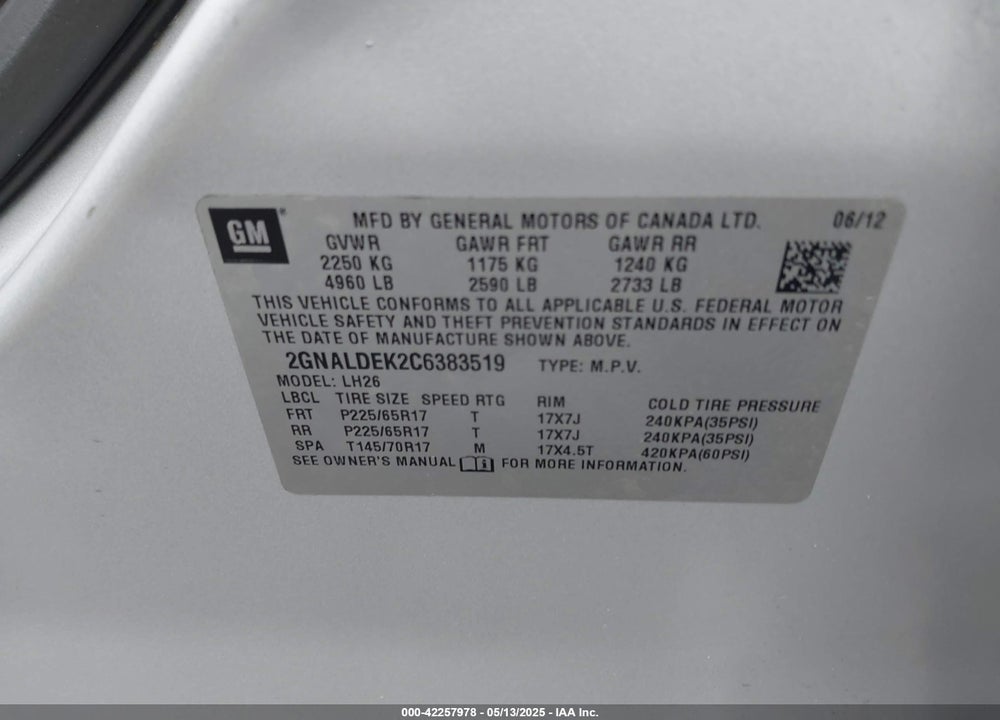 2012 CHEVROLET EQUINOX VIN: 2GNALDEK2C6383519
