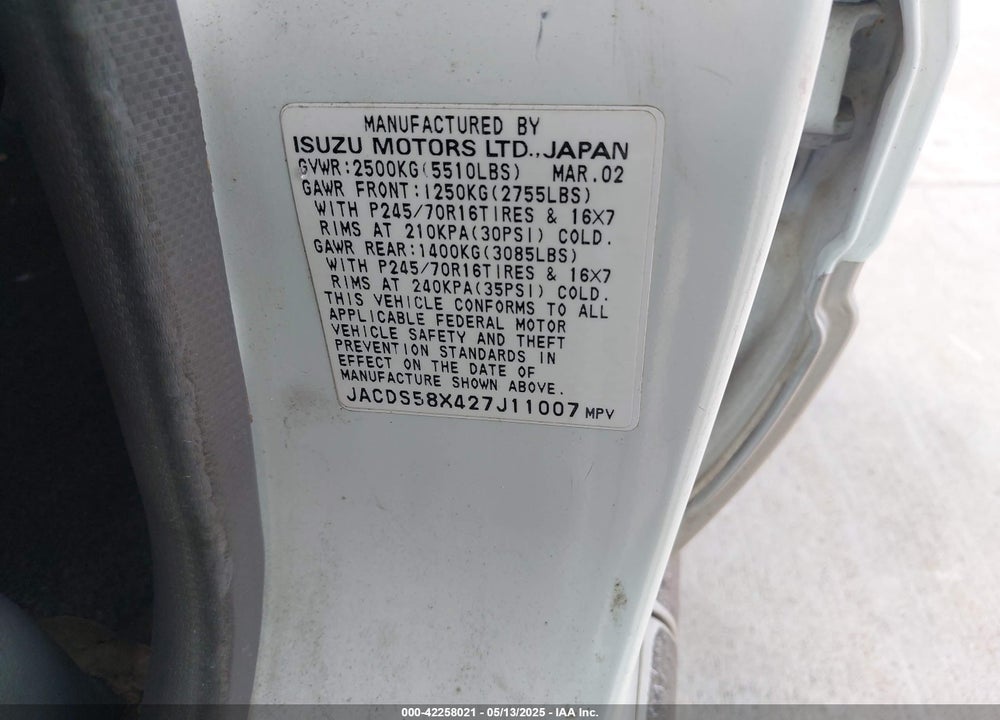 2002 ISUZU TROOPER LIMITED/LS/S VIN: JACDS58X427J11007