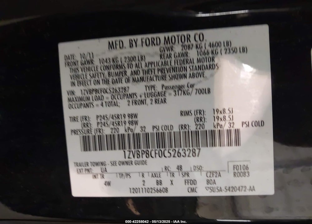 2012 FORD MUSTANG VIN: 1ZVBP8CF0C5263287