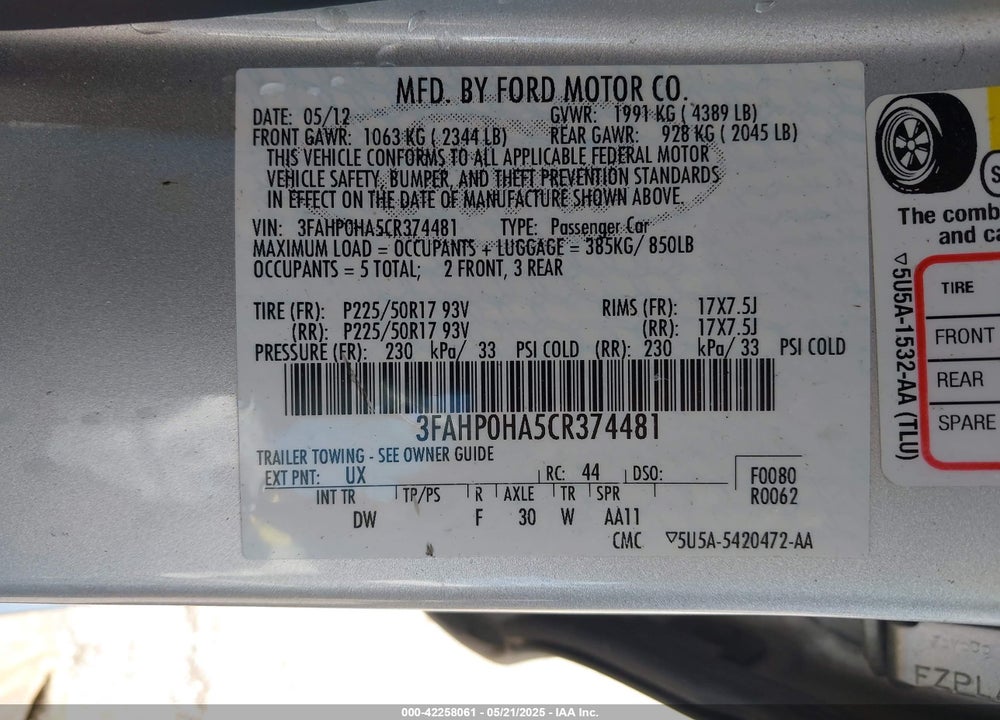 2012 FORD FUSION VIN: 3FAHP0HA5CR374481