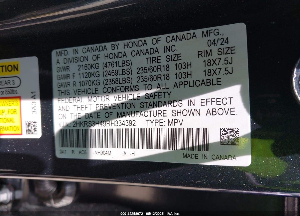 2024 HONDA CR-V VIN: 2HKRS3H49RH334392