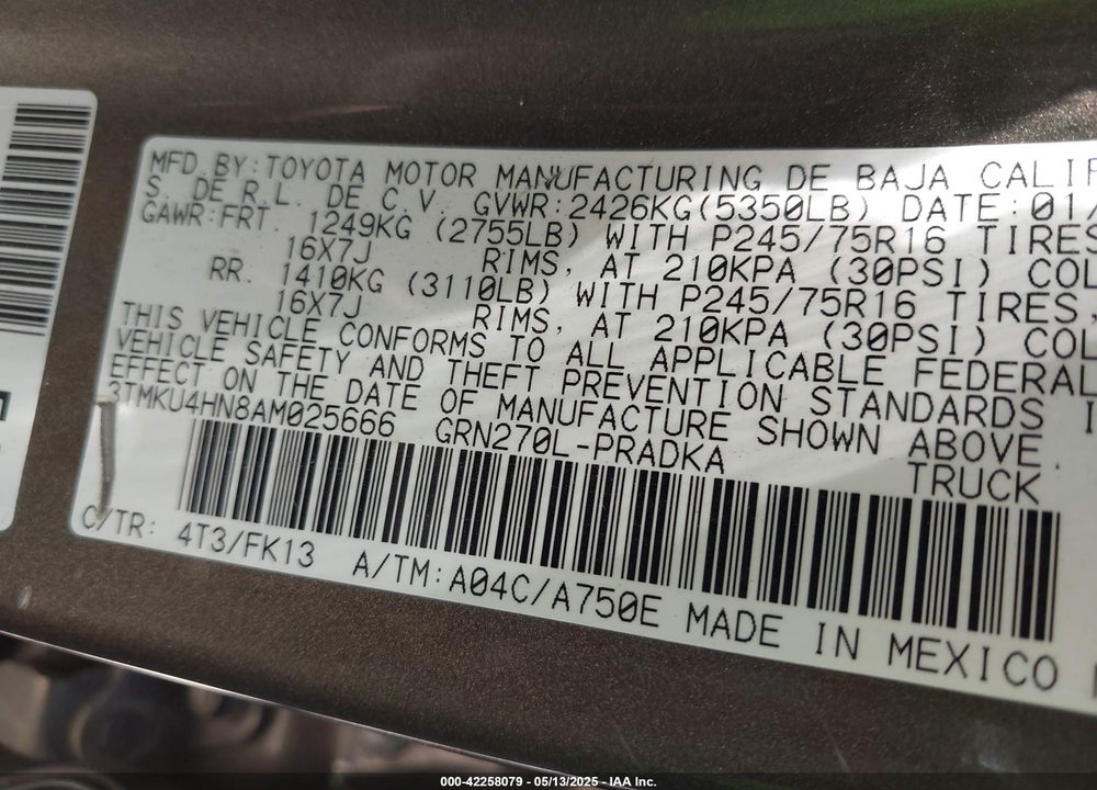 2010 TOYOTA TACOMA VIN: 3TMKU4HN8AM025666