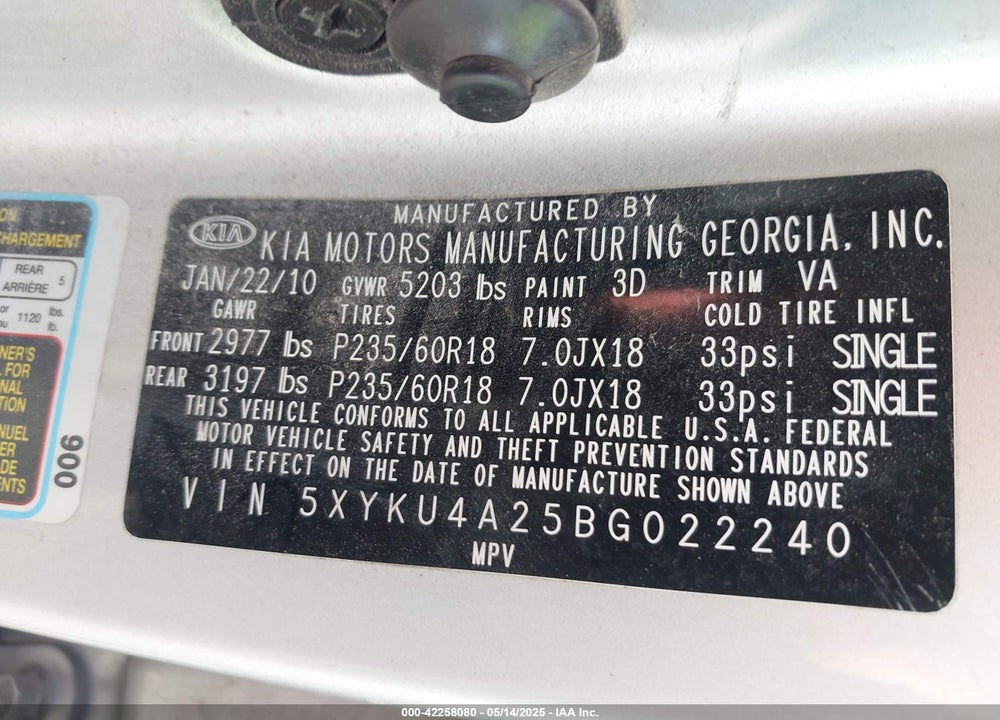 2011 KIA SORENTO EX V6 VIN: 5XYKU4A25BG022240