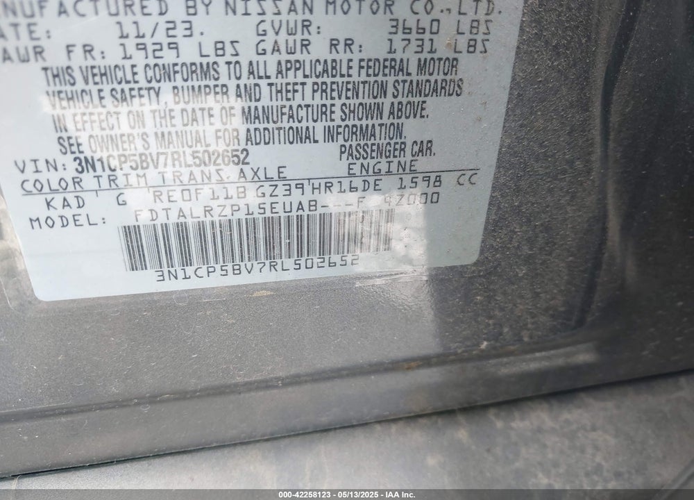 2024 NISSAN KICKS S XTRONIC CVT VIN: 3N1CP5BV7RL502652