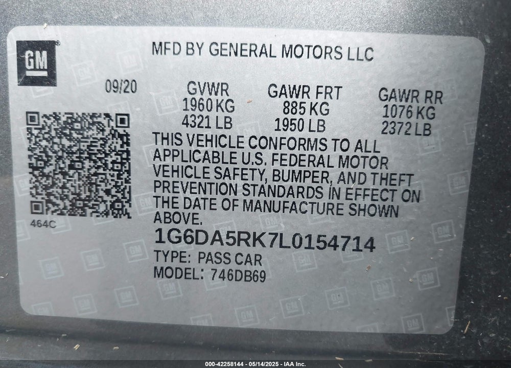 2020 CADILLAC CT4 VIN: 1G6DA5RK7L0154714