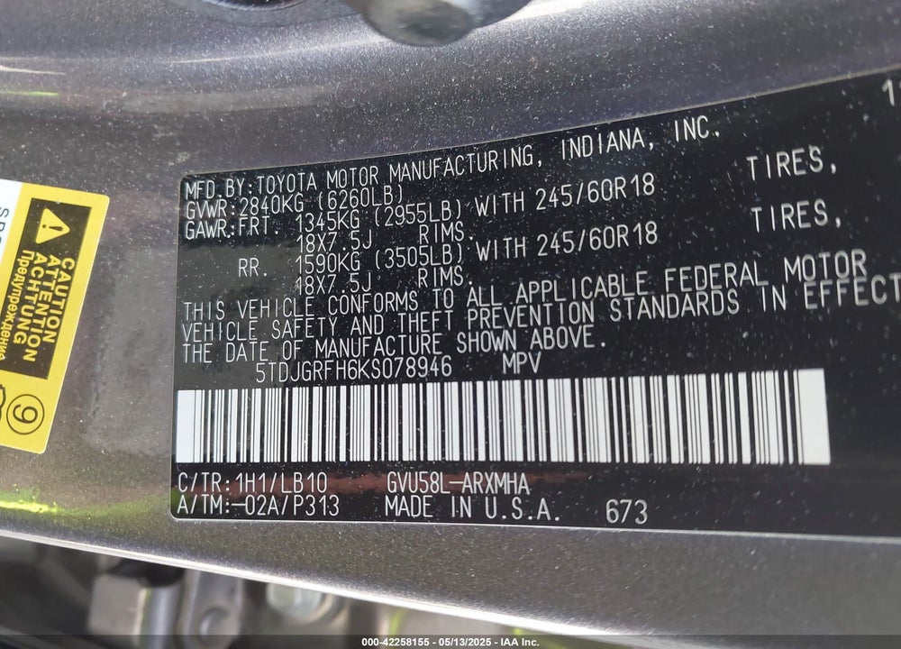 2019 TOYOTA HIGHLANDER HYBRID VIN: 5TDJGRFH6KS078946