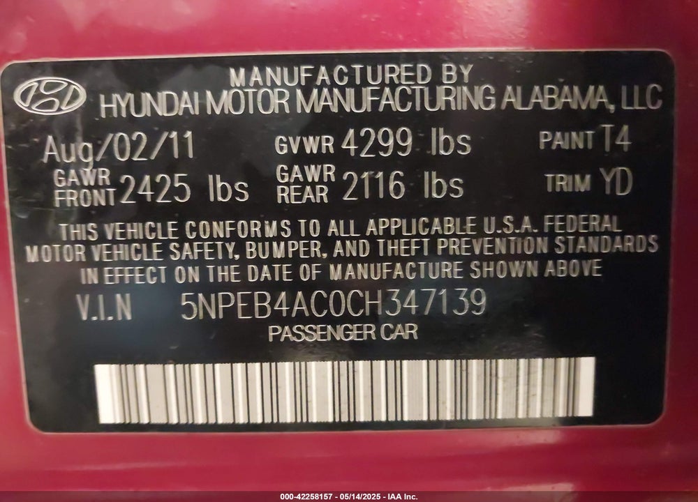 2012 HYUNDAI SONATA VIN: 5NPEB4AC0CH347139