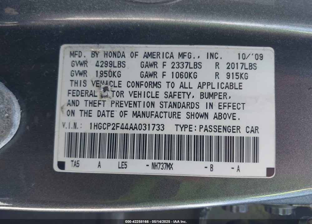 2010 HONDA ACCORD 2.4 LX-P VIN: 1HGCP2F44AA031733
