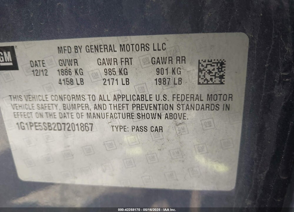 2013 CHEVROLET CRUZE 2LT AUTO VIN: 1G1PE5SB2D7201867