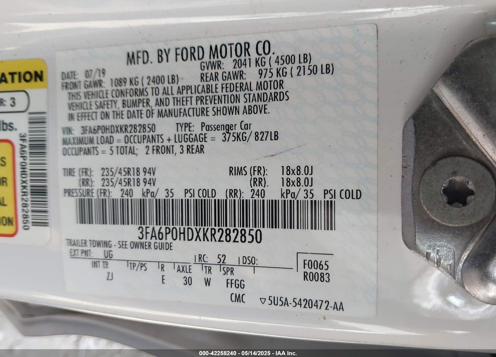 2019 FORD FUSION VIN: 3FA6P0HDXKR282850