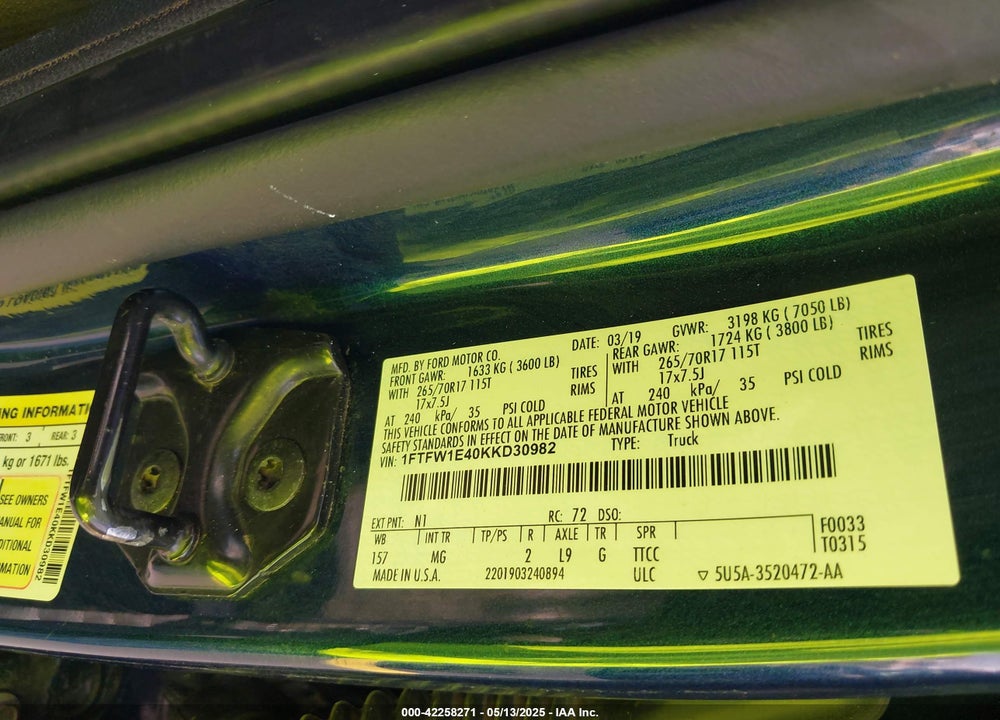 2019 FORD F-150 VIN: 1FTFW1E40KKD30982