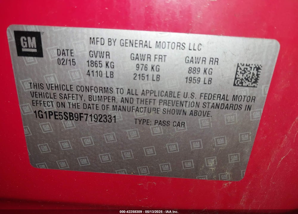 2015 CHEVROLET CRUZE VIN: 1G1PE5SB9F7192331