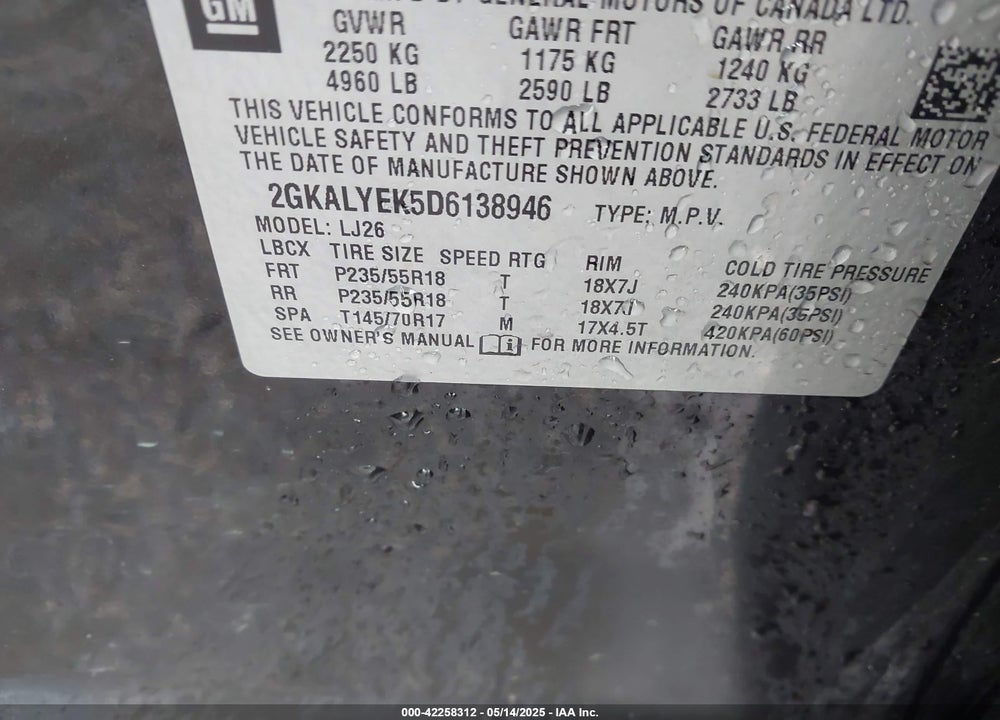 2013 GMC TERRAIN VIN: 2GKALYEK5D6138946