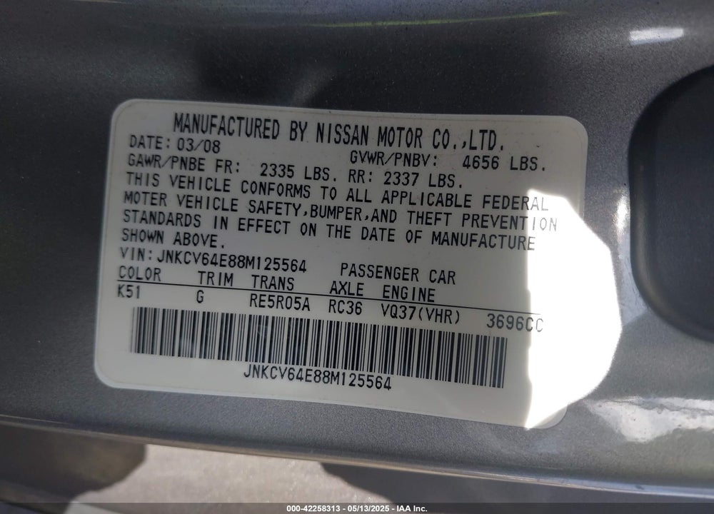 2008 INFINITI G37 JOURNEY VIN: JNKCV64E88M125564