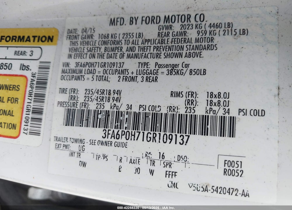 2016 FORD FUSION VIN: 3FA6P0H71GR109137