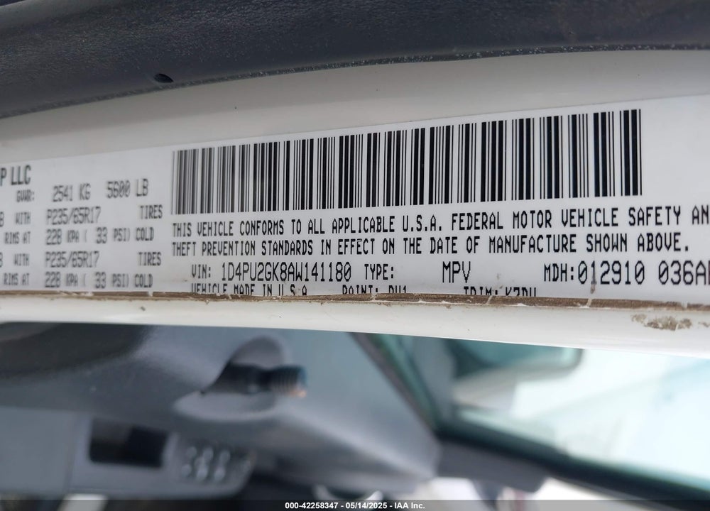 2010 DODGE NITRO SE VIN: 1D4PU2GK8AW141180