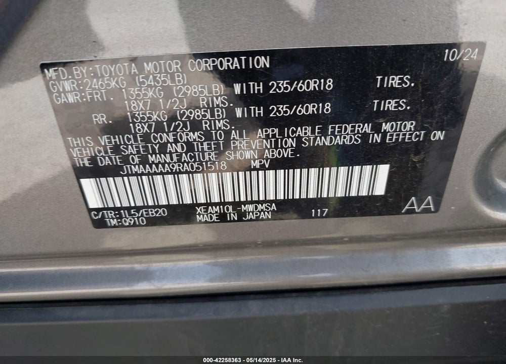 2024 TOYOTA BZ4X XLE VIN: JTMAAAAA9RA051518