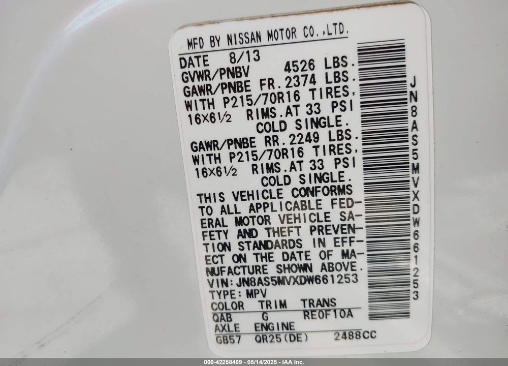 2013 NISSAN ROGUE S VIN: JN8AS5MVXDW661253