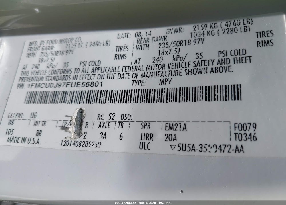 2014 FORD ESCAPE TITANIUM VIN: 1FMCU0J97EUE56801