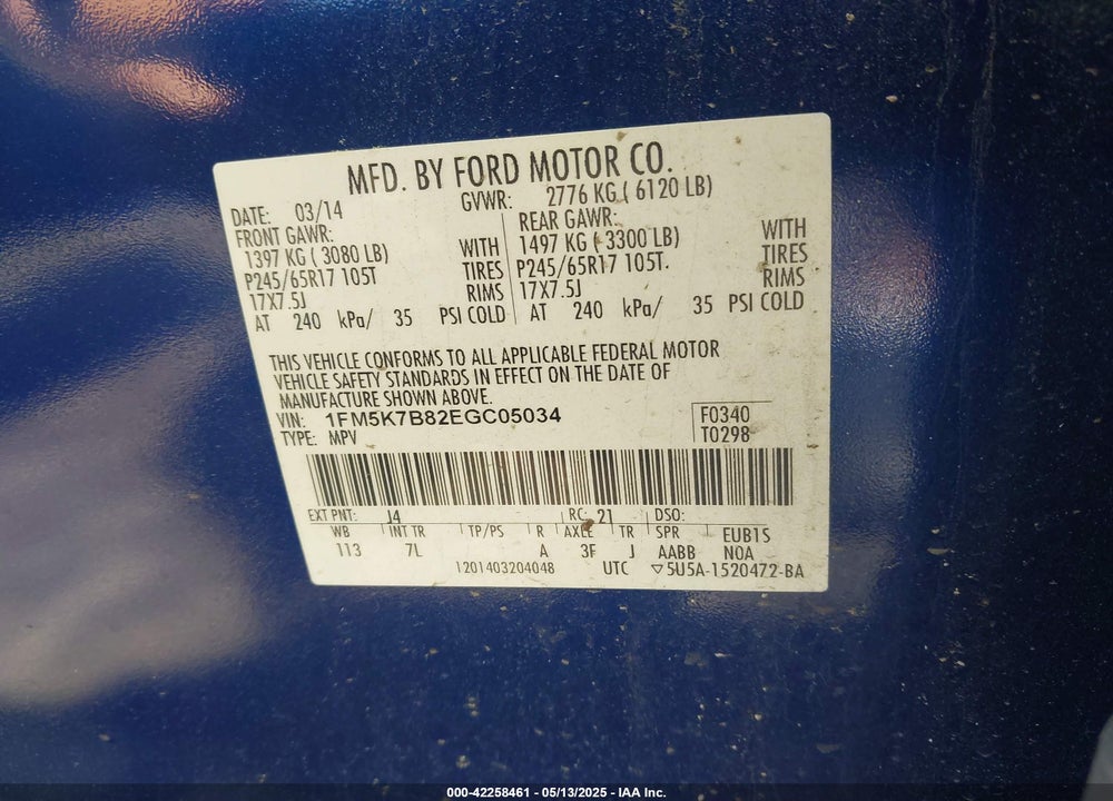 2014 FORD EXPLORER VIN: 1FM5K7B82EGC05034