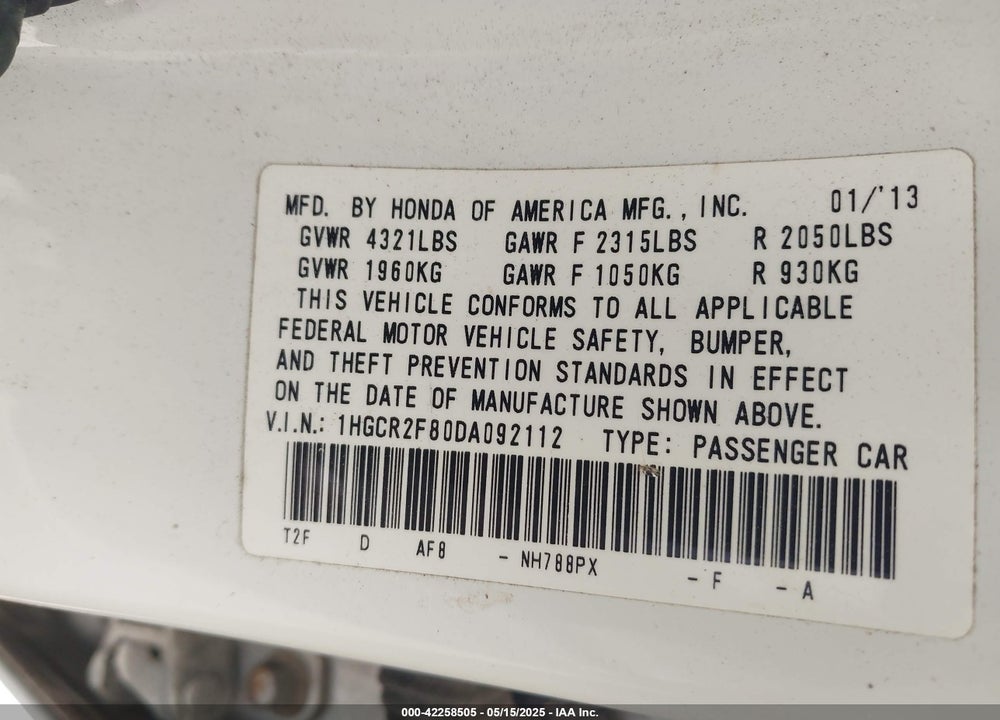 2013 HONDA ACCORD VIN: 1HGCR2F80DA092112