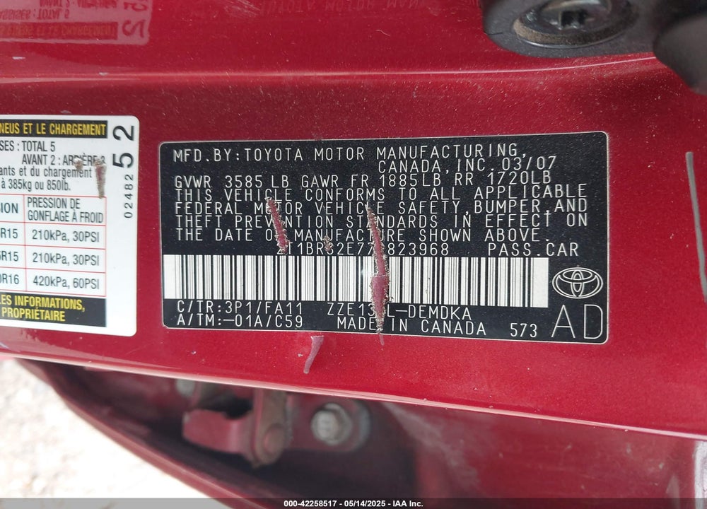 2007 TOYOTA COROLLA VIN: 2T1BR32E77C823968