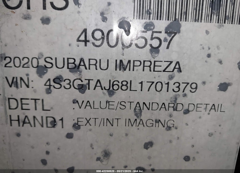 2020 SUBARU IMPREZA VIN: 4S3GTAJ68L1701379