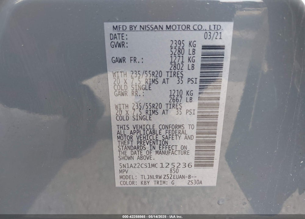 2021 NISSAN MURANO VIN: 5N1AZ2CS1MC125236
