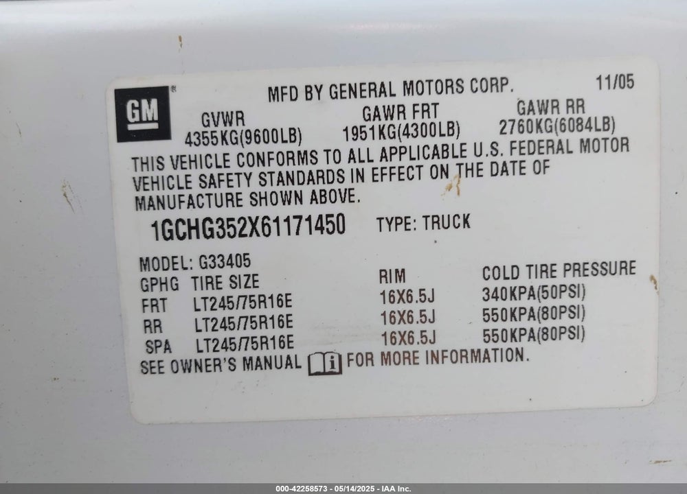 2006 CHEVROLET EXPRESS WORK VAN VIN: 1GCHG352X61171450
