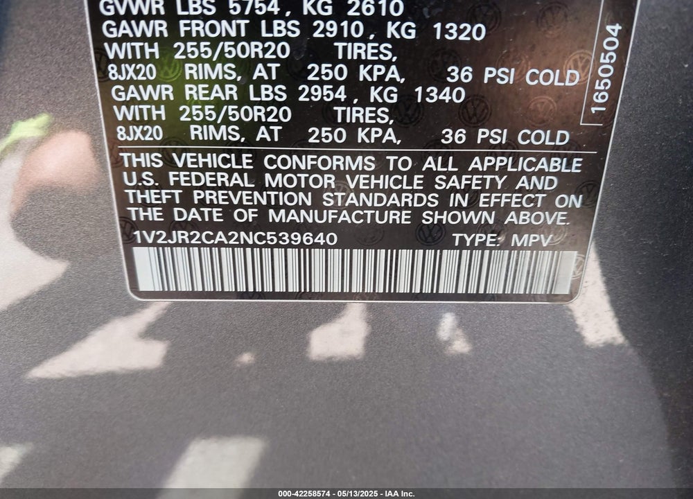 2022 VOLKSWAGEN ATLAS VIN: 1V2JR2CA2NC539640