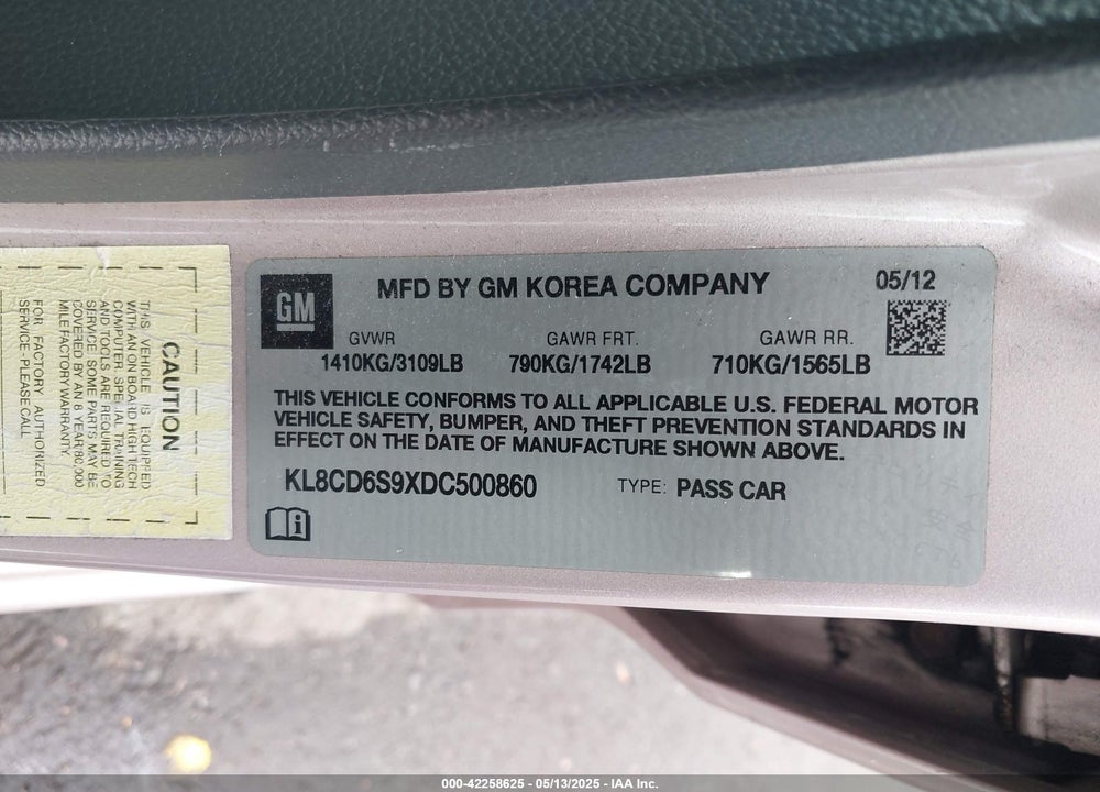 2013 CHEVROLET SPARK VIN: KL8CD6S9XDC500860