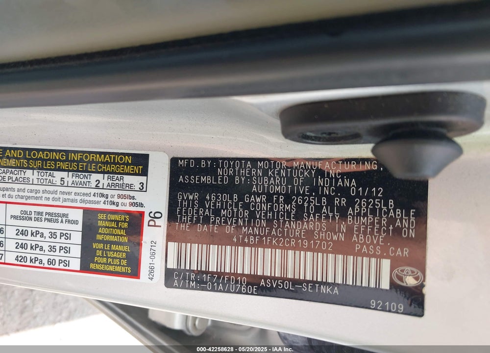 2012 TOYOTA CAMRY VIN: 4T4BF1FK2CR191702
