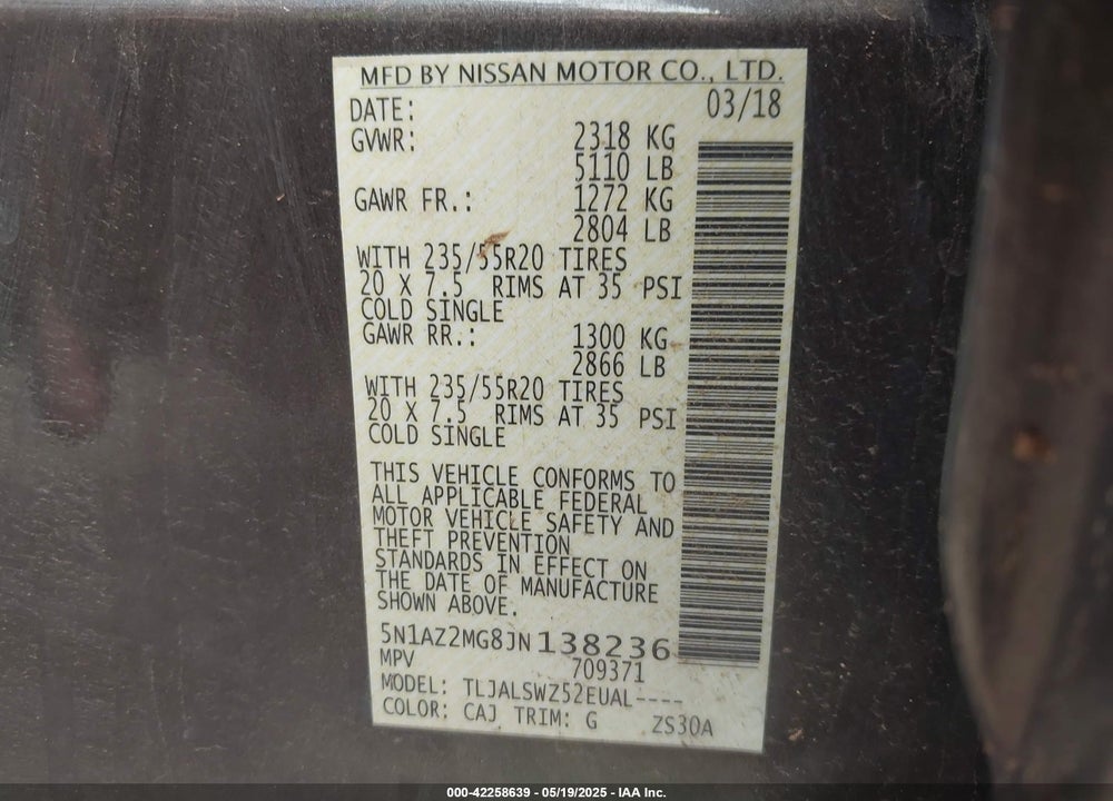 2018 NISSAN MURANO VIN: 5N1AZ2MG8JN138236