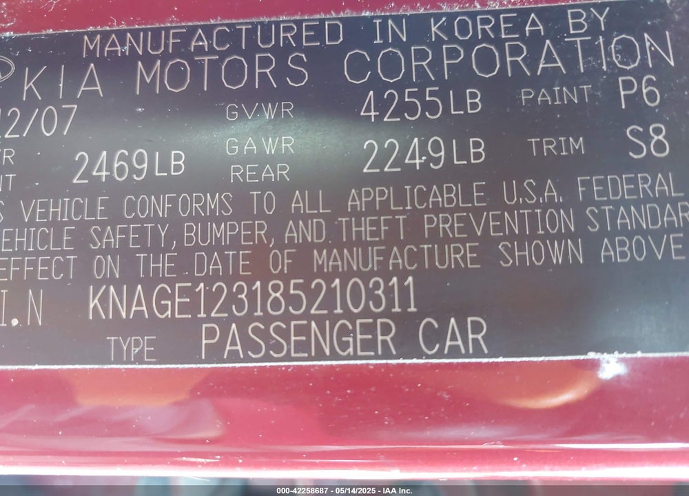 2008 KIA OPTIMA LX VIN: KNAGE123185210311