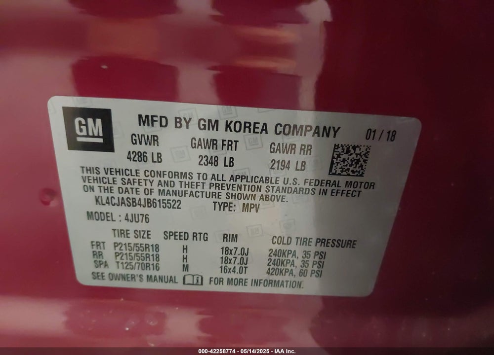 2018 BUICK ENCORE VIN: KL4CJASB4JB615522