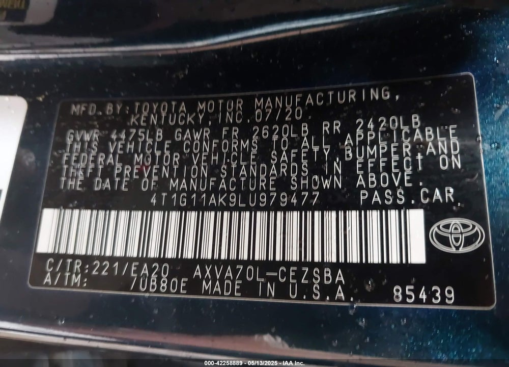 2020 TOYOTA CAMRY SE VIN: 4T1G11AK9LU979477