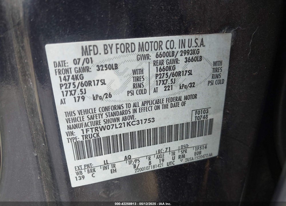2001 FORD F-150 VIN: 1FTRW07L21KC31753